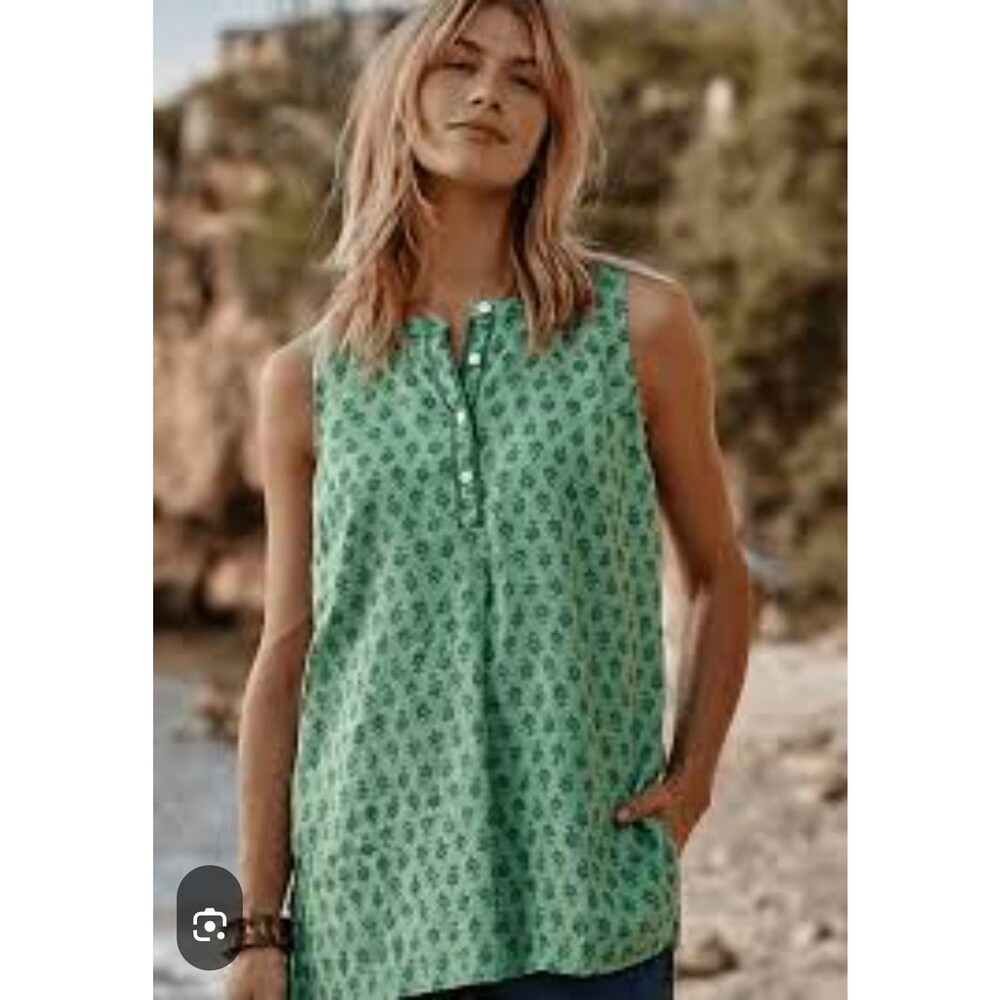 PURE JILL Green Floral 100% Linen Henley Tunic Top 2X PLUS Popover Sleeveless